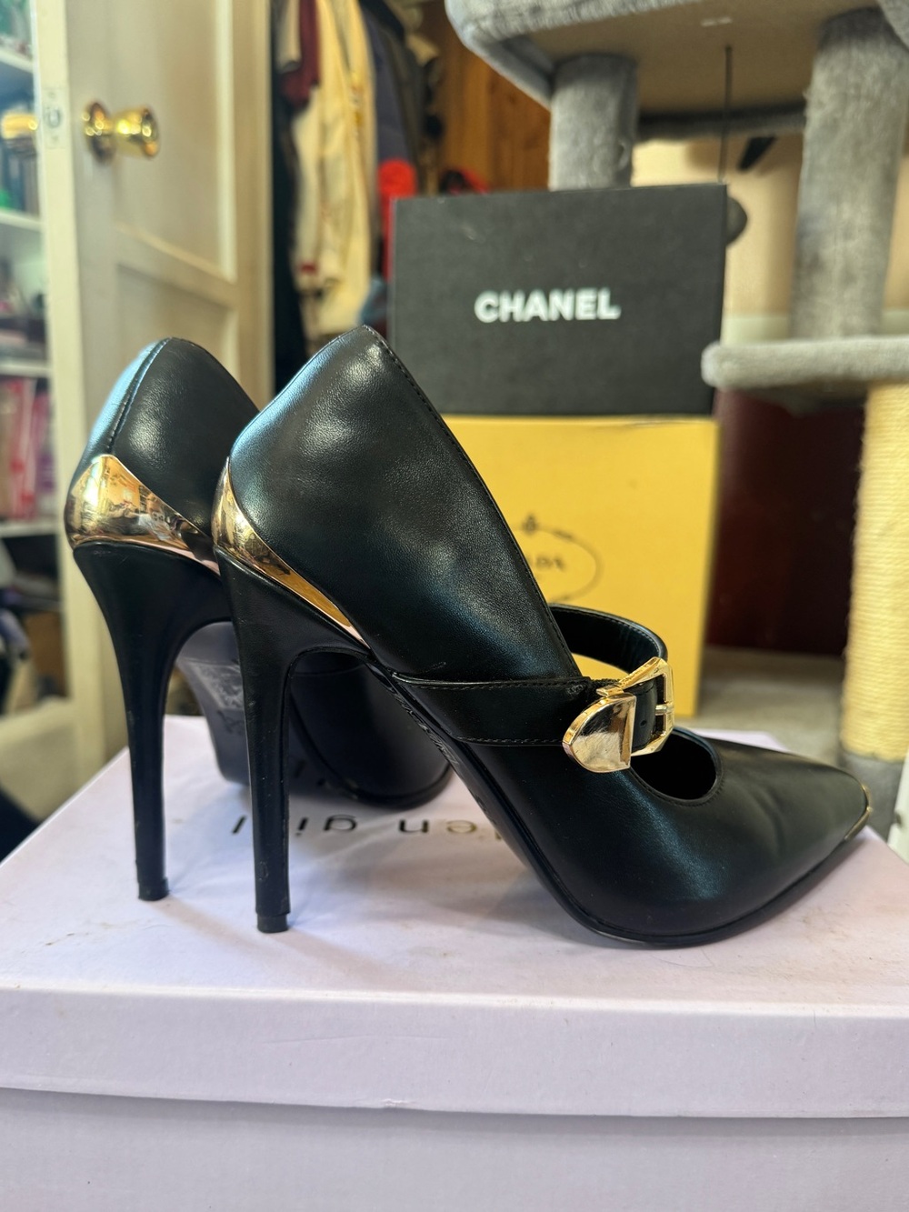Black Leather Mary Jane Stiletto Pumps with Gold Accent